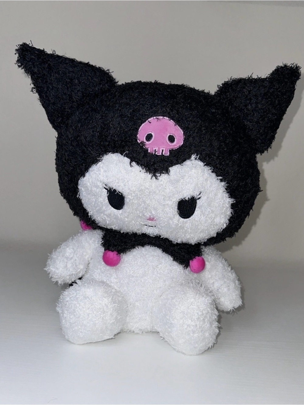 Black and White Plush Cat Toy with Pink Accents - Cute Skull Design
